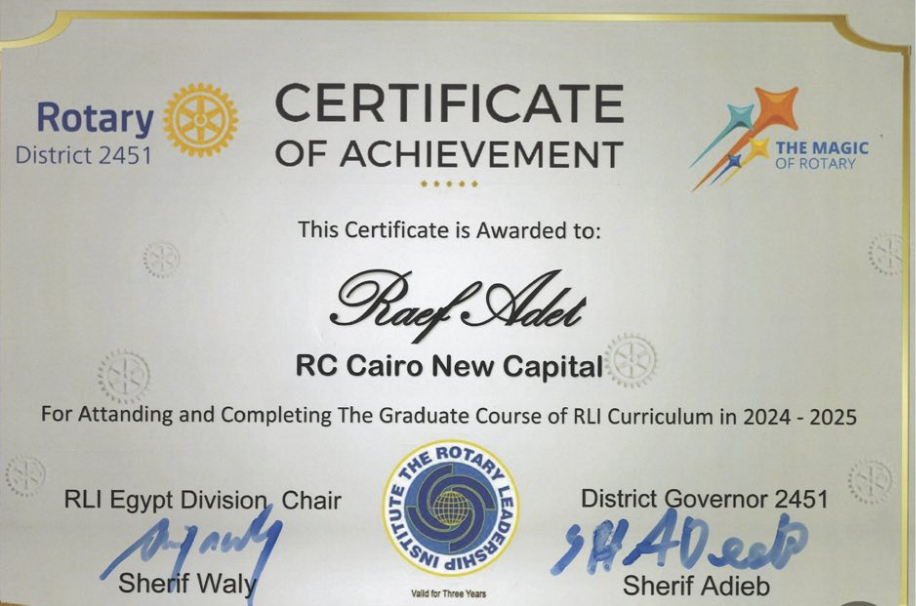 Counselor Raif Adel Graduated from the Rotary Leadership Institute 2025